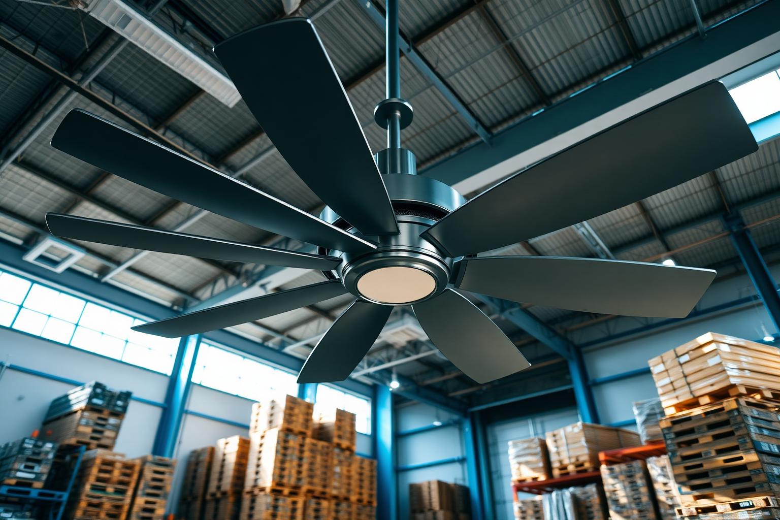 Ventilateur HVLS installé dans un entrepôt industriel